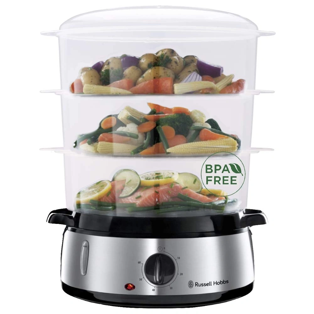 Ein elektrischer Dampfgarer mit drei Ebenen, gefüllt mit Lachs, Gemüse und Kartoffeln, BPA-frei.