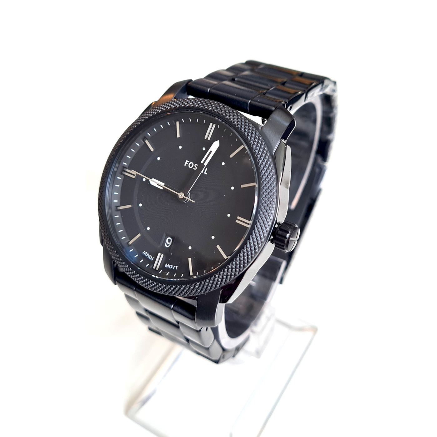 Schwarze Fossil-Armbanduhr mit Datumsanzeige und silbernen Zeigern
