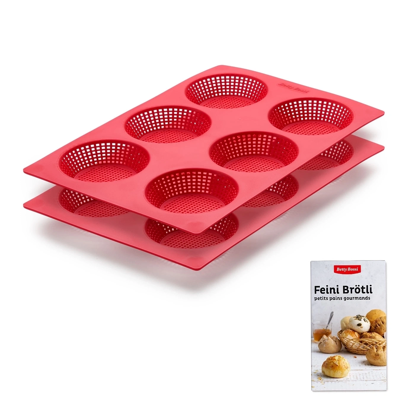 Rote Backformen mit Brötchen-Verpackung. Backutensilien für kleine Brötchen.