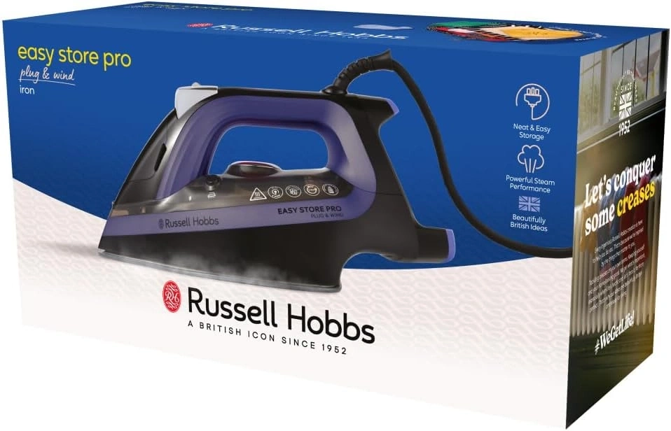 Bügeleisen von Russell Hobbs, Easy Store Pro, mit den Attributen 'plug & wind' und 'iron'.
