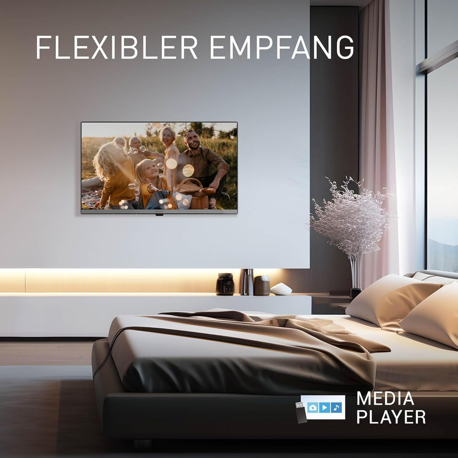 Schlafzimmer mit Fernseher, Media Player, flexibler Empfang, Familie auf dem Bildschirm