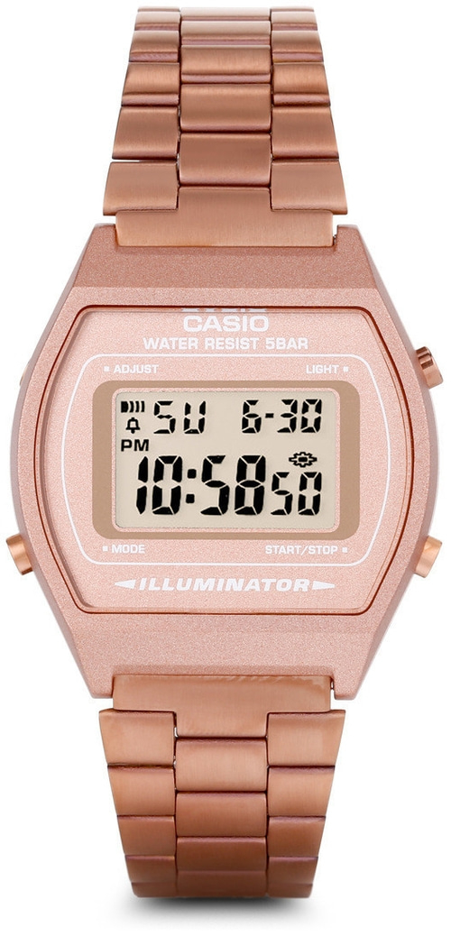 Roségoldene Casio-Uhr mit digitaler Anzeige und Armband, Wasserdichtigkeit 5 Bar.
