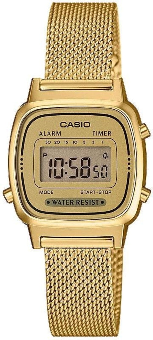 Goldene Casio-Uhr mit digitaler Anzeige und Mesh-Armband, wasserfest, mit Alarm- und Timer-Funktion.