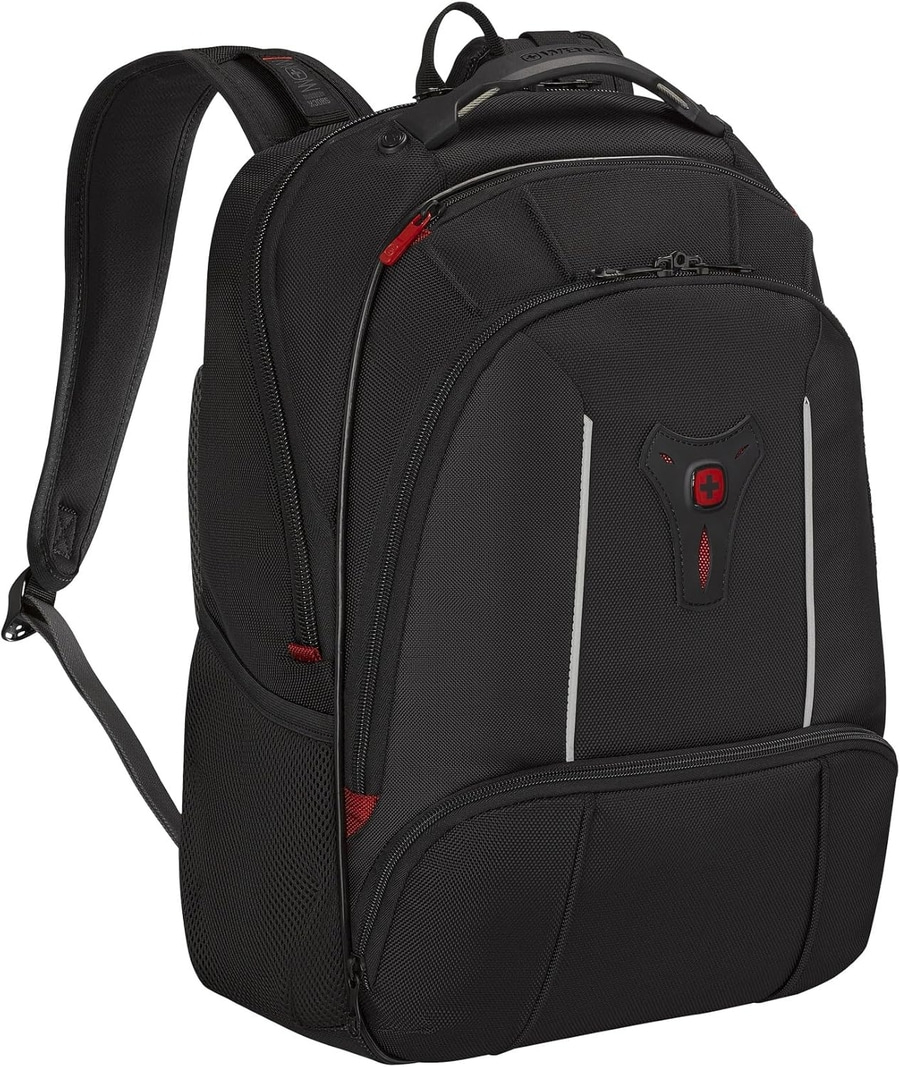 Schwarzer Rucksack mit roten Akzenten und weißem Streifen, Wenger-Logo, robustes Design