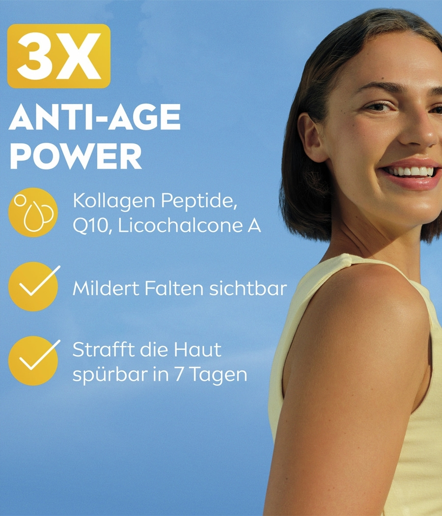 Frau mit Anti-Age Power-Produkt, das Falten mildert und Haut strafft.