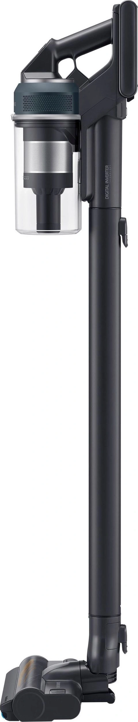 Ein schwarzer Akku-Staubsauger mit transparentem Staubbehälter und digitaler Inverter-Technologie.
