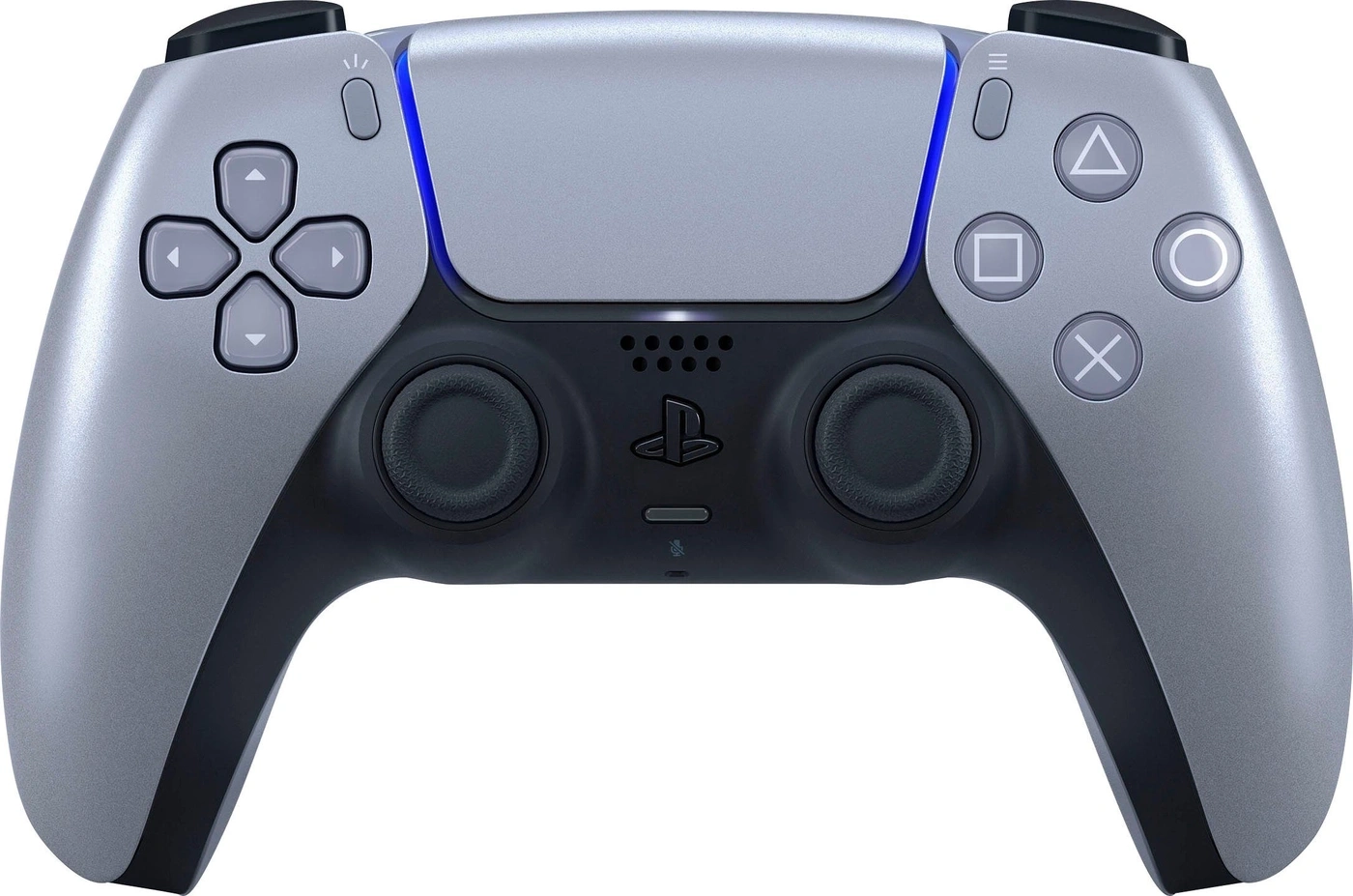 Grauer Playstation 5 DualSense-Controller mit blauen Akzenten und schwarzen Details.
