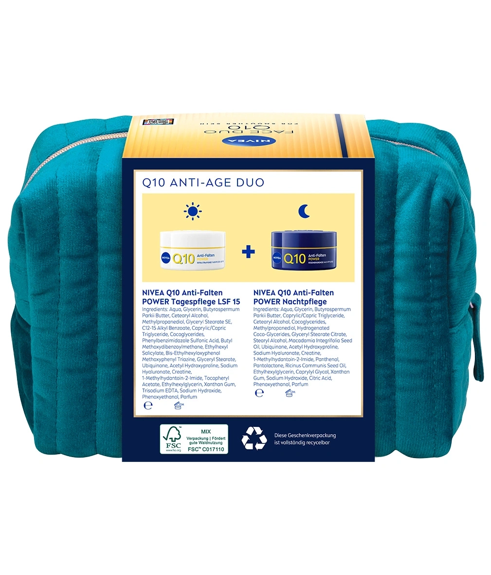 Ein Nivea Q10 Anti-Age Duo Kosmetikset in einer blauen Tasche.