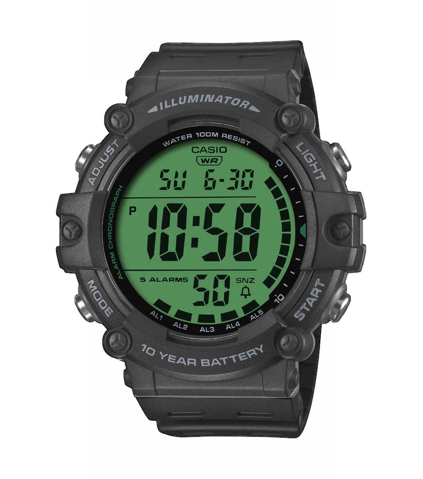 Schwarze Casio Uhr mit grünem beleuchtetem Zifferblatt und Datum