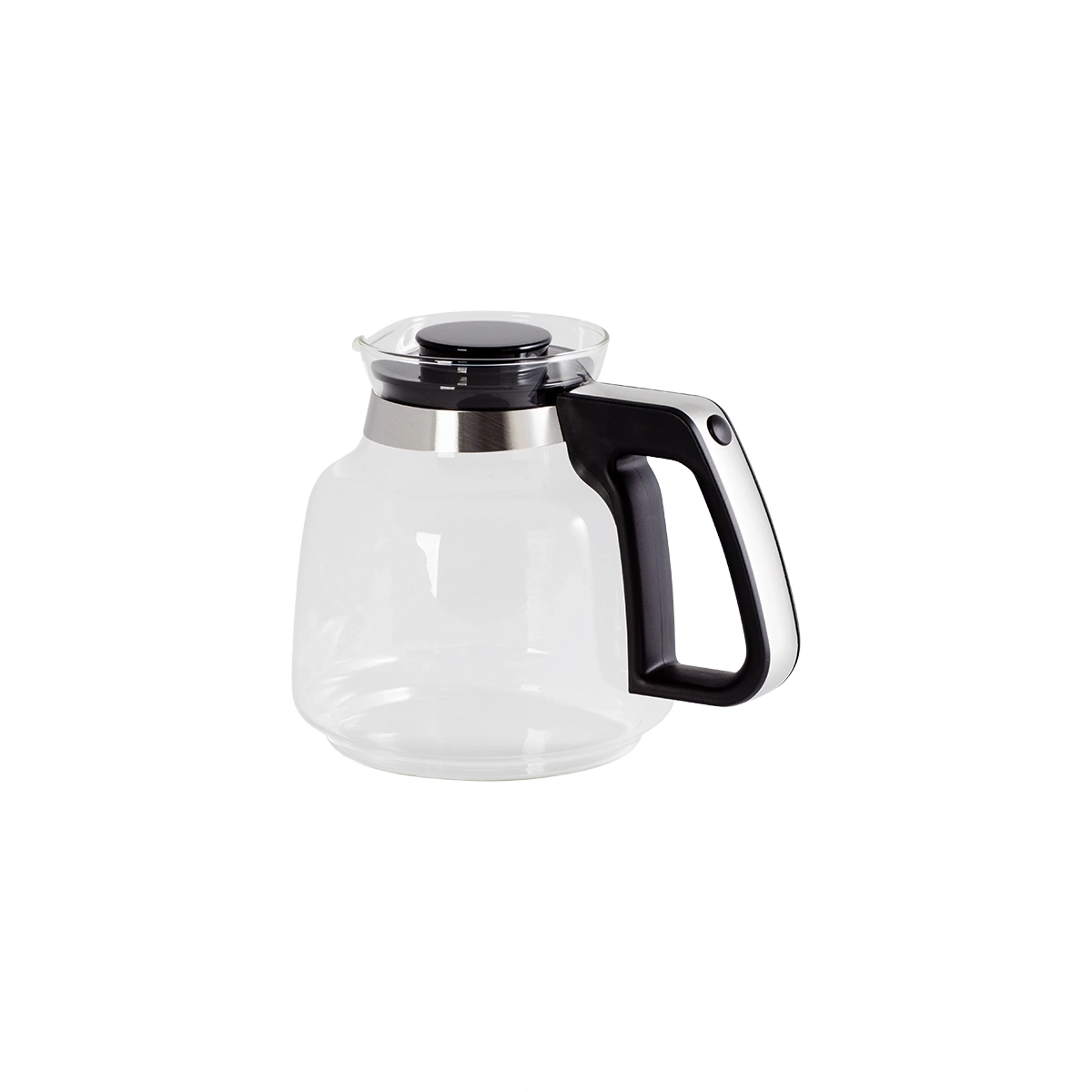 Kaffeekanne aus Glas mit schwarzem Griff und Deckel, isoliert auf weißem Hintergrund