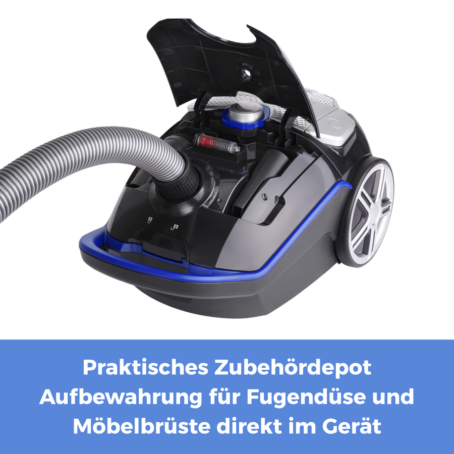 Schwarzer Staubsauger mit geöffnetem Deckel und blauem Zierrand, Text im Bild.