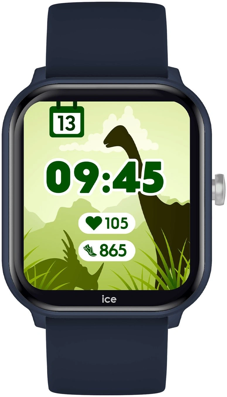Eine Smartwatch mit einem Hintergrundbild von Dinosauriern, das die Uhrzeit 09:45 anzeigt.