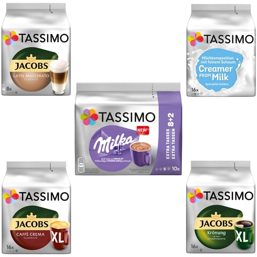 TASSIMO Creamy- Kaffee Paket Jacobs Krönung Crema Milka 5 Packungen 66 Portionen