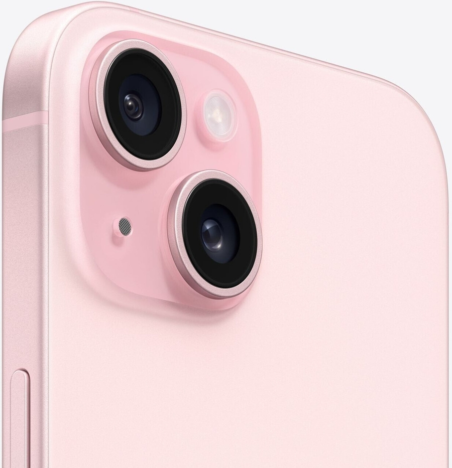 Nahaufnahme des rosa Smartphones mit Kameraobjektiven und Blitzlicht