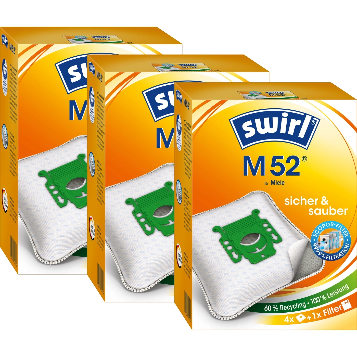 Swirl M52 Staubsaugerbeutel, 3er-Pack, sicher und sauber, 60% Recycling, 100% Leistung, 4x + 1x Filter