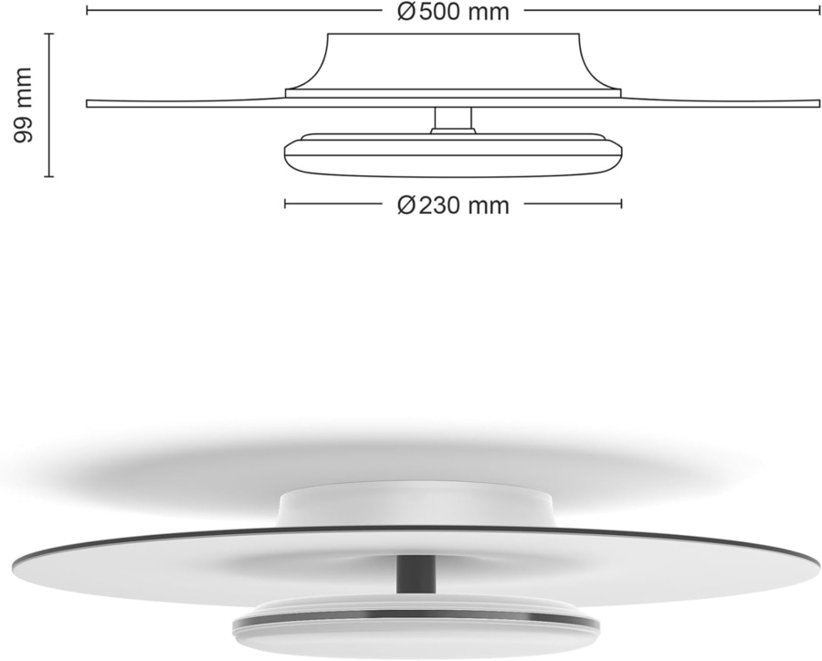 Deckenleuchte mit Abmessungen: 500 mm Durchmesser, 230 mm Durchmesser, 99 mm Höhe.