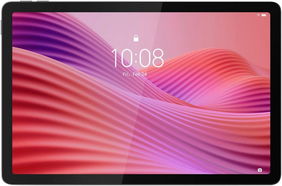 Ein Tablet mit einem pinken und lila Hintergrund und der Uhrzeit 10:08.