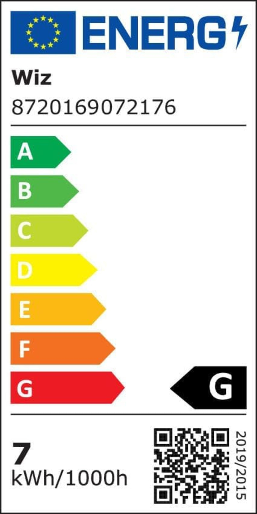 Energieetikett für Wiz-Produkt, Energieeffizienzklasse G, 7 kWh/1000h, QR-Code.