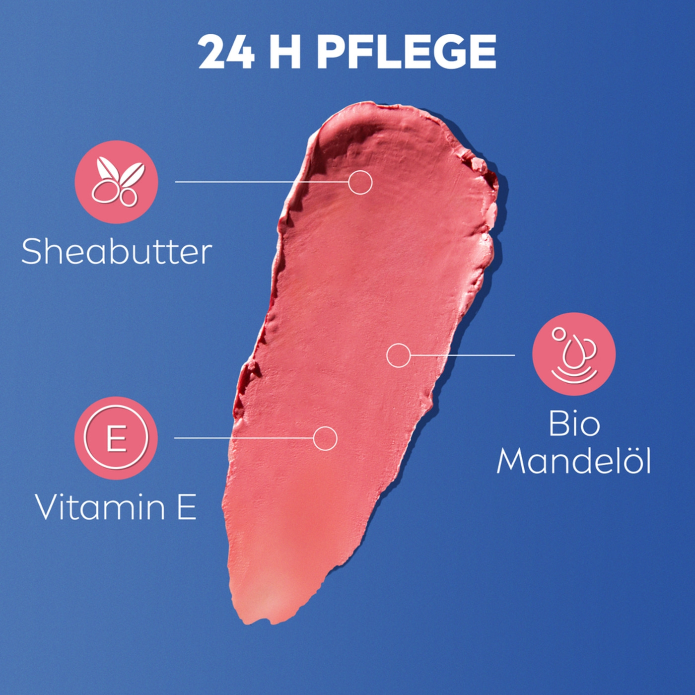 24h Pflege mit Sheabutter, Vitamin E und Bio Mandelöl auf blauem Hintergrund.