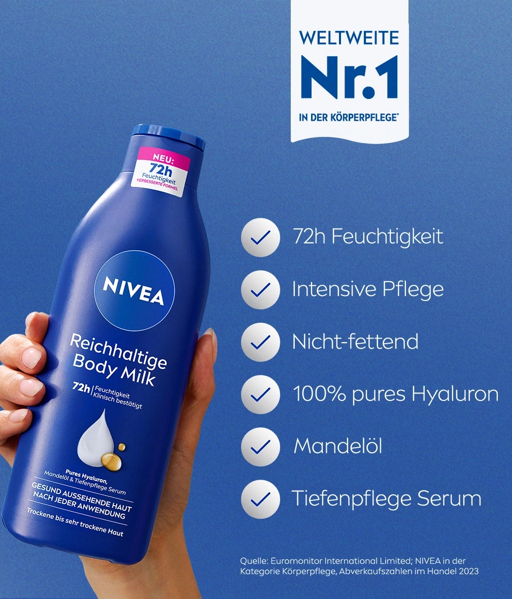 NIVEA Body Milk, 72h Feuchtigkeit, Intensive Pflege, Nicht-fettend, Hyaluron, Mandelöl