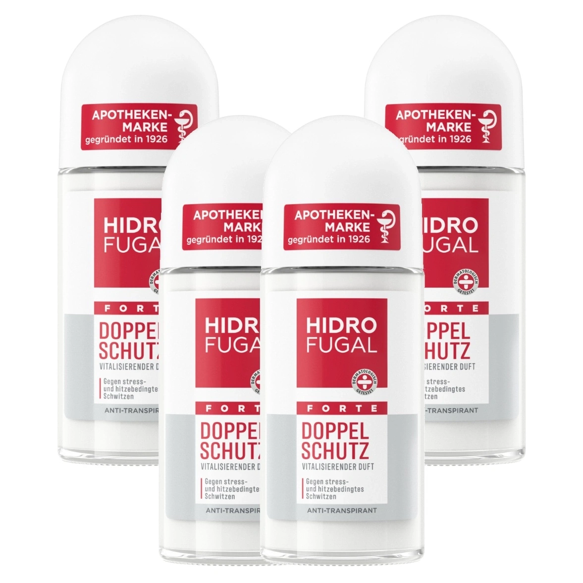 Vier Hidro Fugal Roll-on Deodorants mit der Aufschrift "APOTHEKEN-MARKE gegründet in 1926" und "HIDRO FUGAL FORT DOPPEL SCHUTZ VITALISIERENDER DUFT Gegen stress- und hitzebedingtes Schwitzen ANTI-TRANSPIRANT".