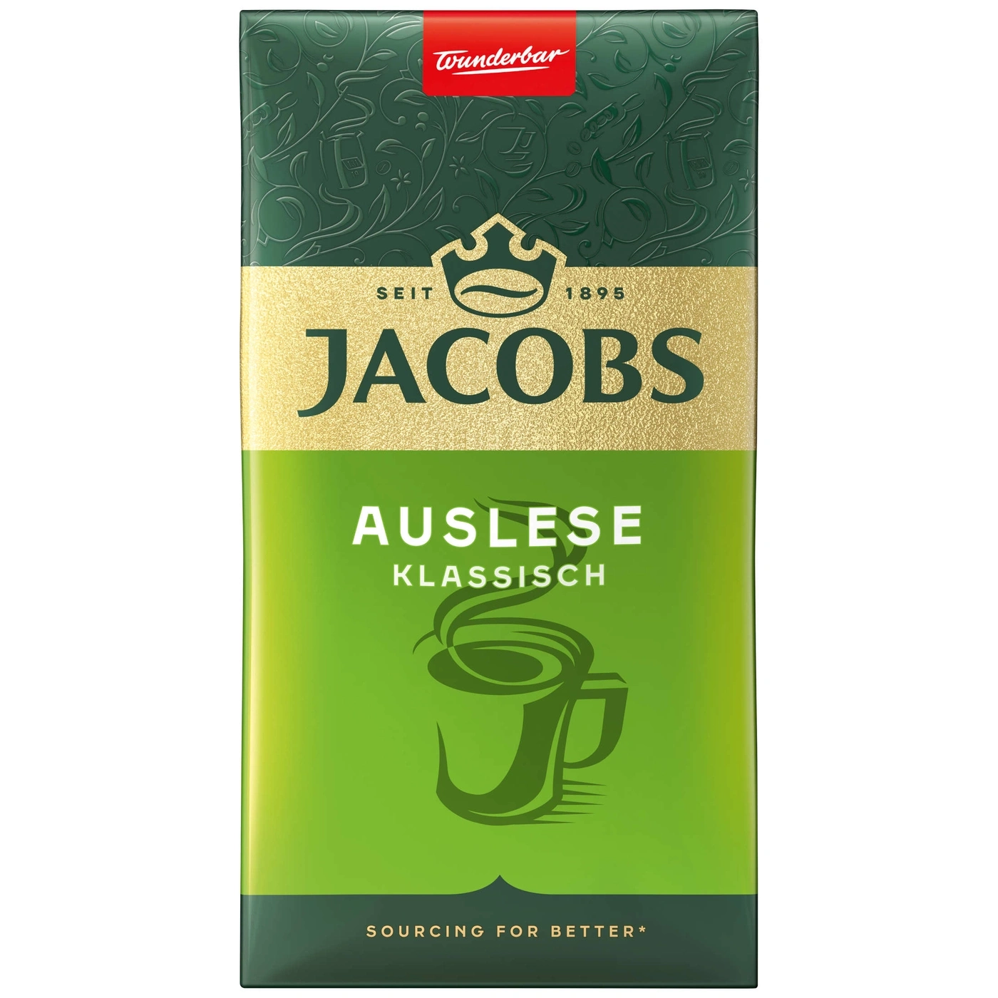 Jacobs Auslese Klassisch Kaffeepackung, grün und goldfarben, mit Logo und Text.