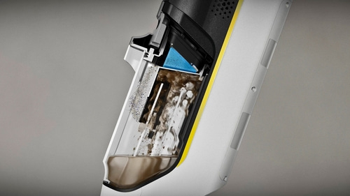 Querschnitt eines Staubsaugers, der Schmutz und Wasser zeigt, mit Filter.