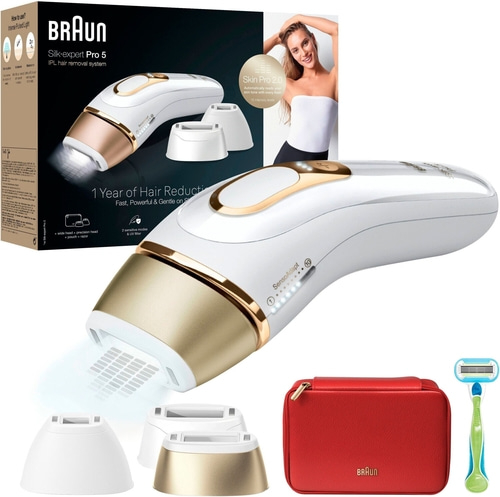 Braun Silk-expert Pro 5 IPL Haarentfernungssystem, Zubehör, Rasierer, rotes Etui, Frau