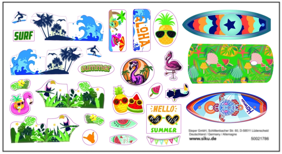 Sommerliche Aufkleber mit Surfbrettern, Flamingos und Ananas-Motiven für den Sommerurlaub.