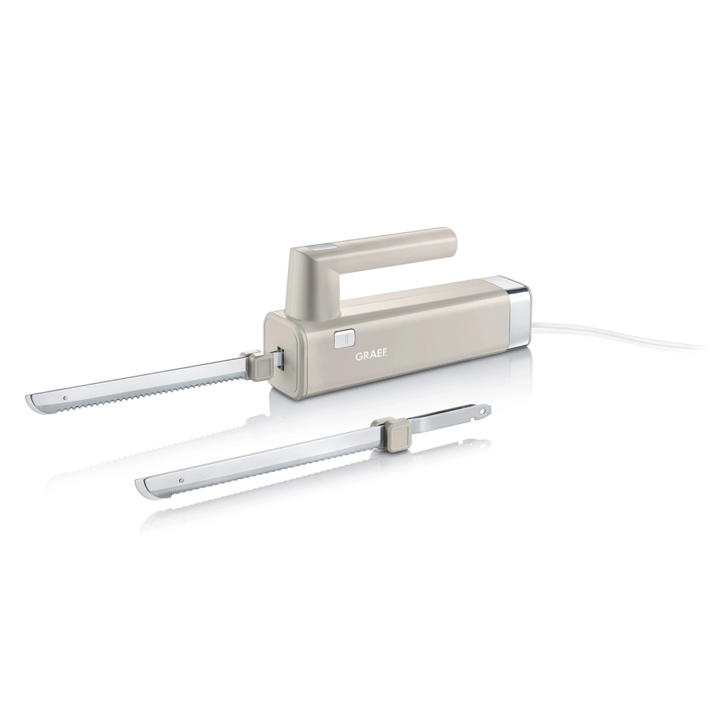 Elektrisches Messer von Graef mit zwei Klingen und Griff, beige.