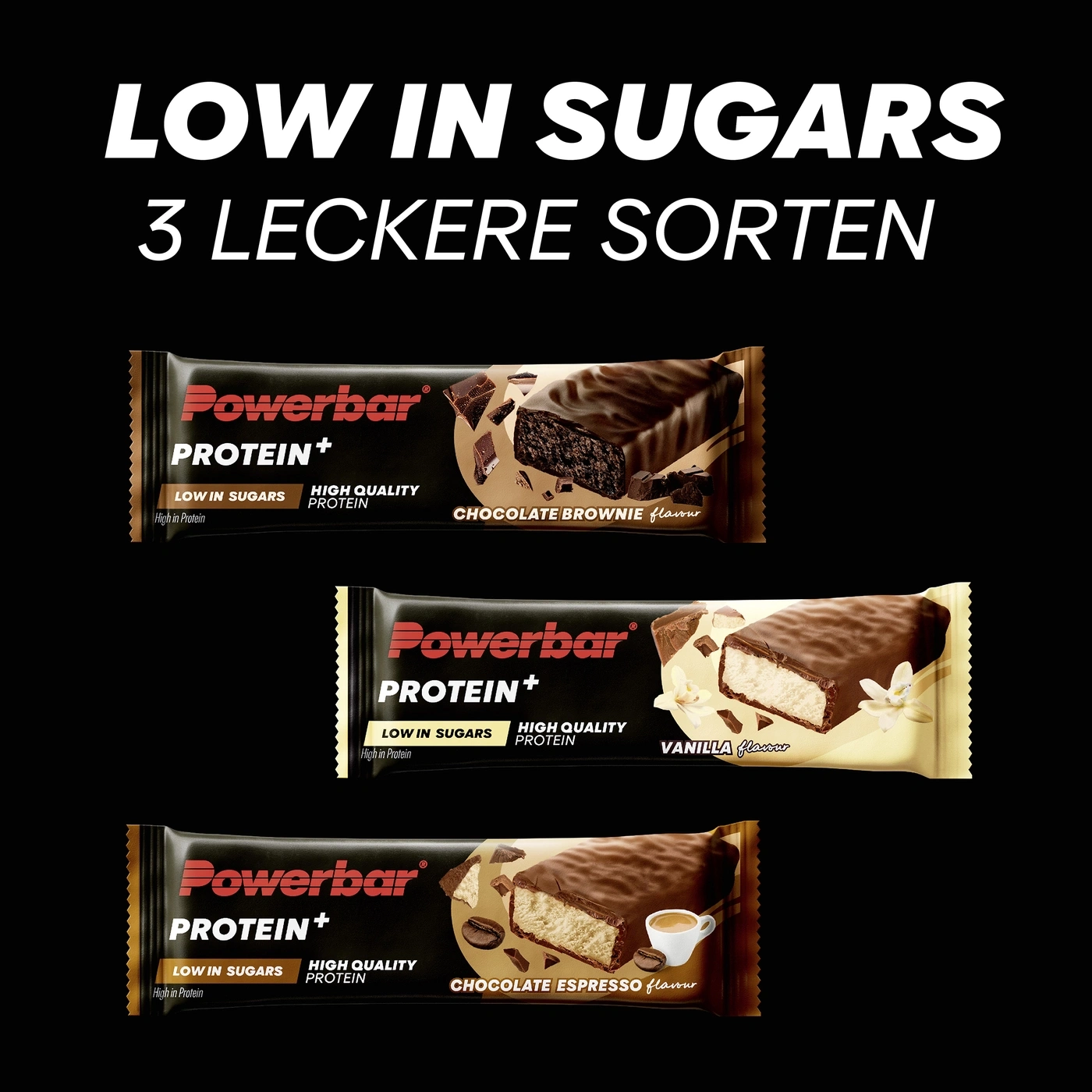 Drei Powerbar Protein Riegel: Chocolate Brownie, Vanilla und Chocolate Espresso.