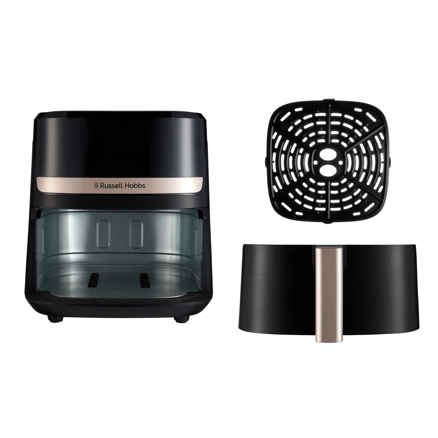 Schwarzer Russell Hobbs Airfryer mit Zubehör und Sichtfenster
