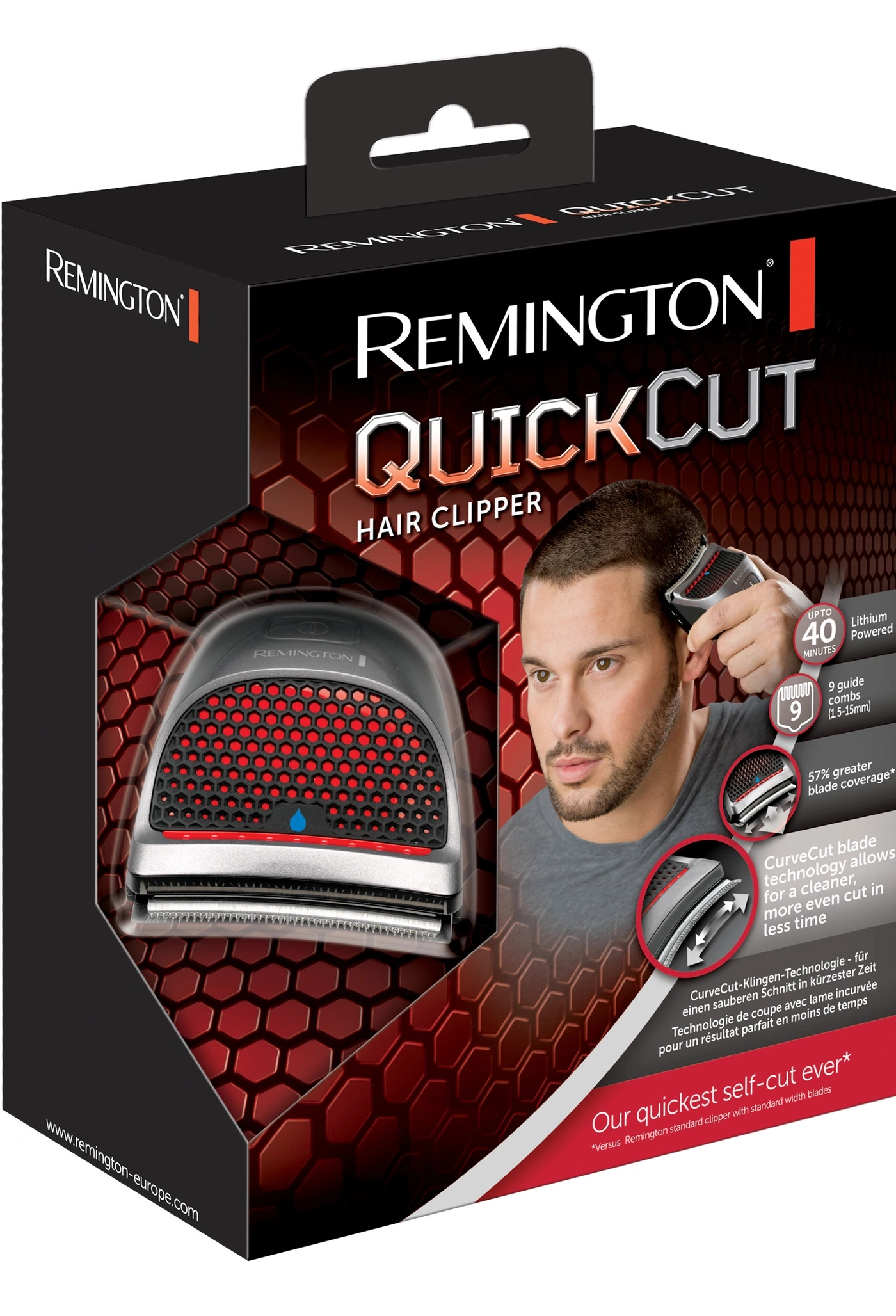 Verpackung eines Remington QuickCut Haarschneider mit einem Mann, der sich die Haare schneidet.