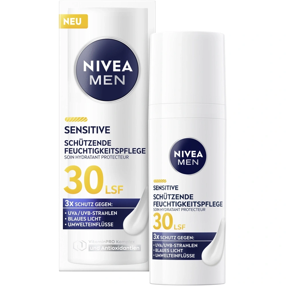 Nivea Men Sensitive Feuchtigkeitspflege mit LSF 30, schützt vor UVA/UVB-Strahlen, blauem Licht und Umwelteinflüssen.