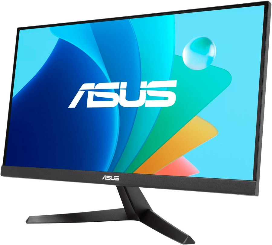 ASUS-Monitor mit blauem Hintergrund und Logo, schwarzer Rahmen und Ständer.