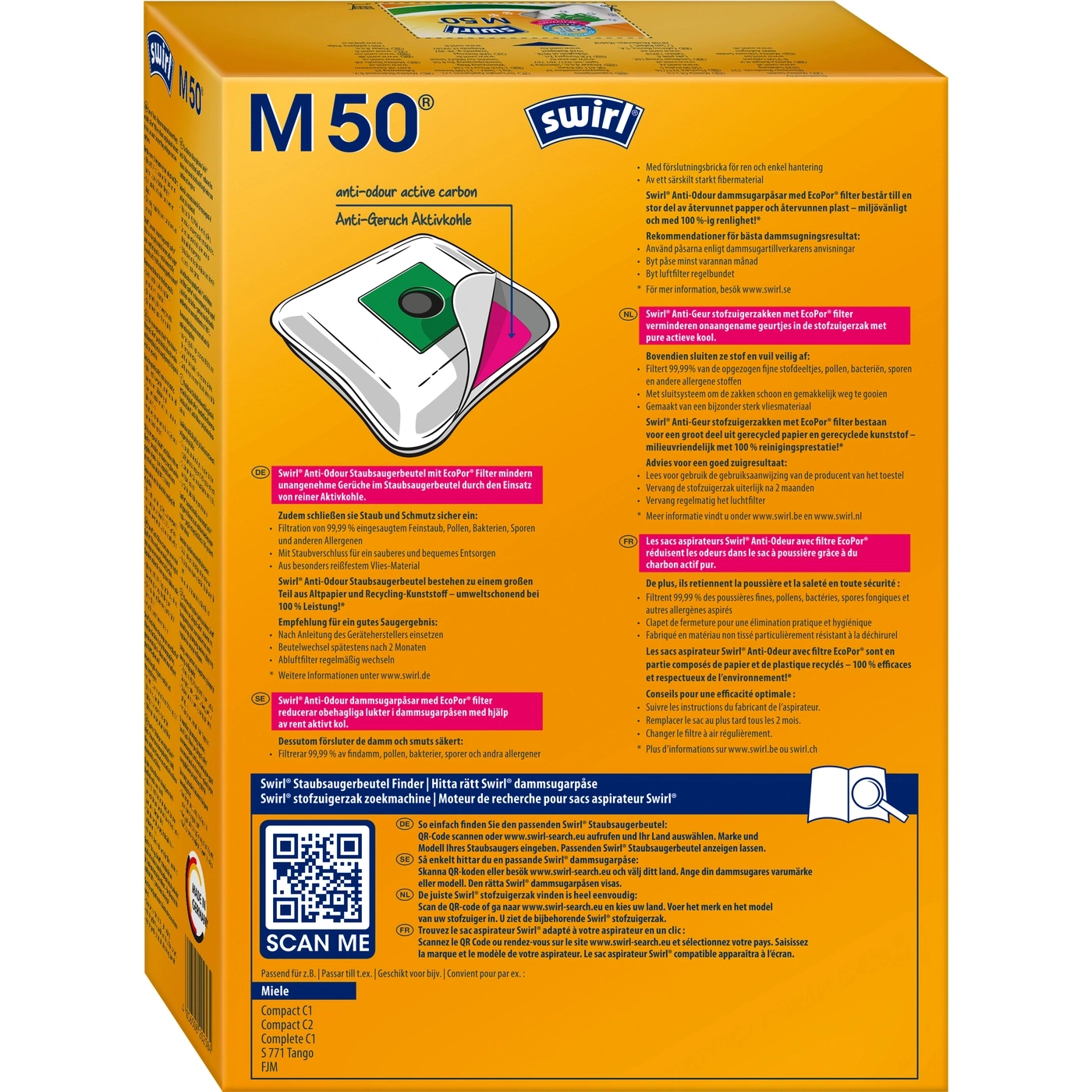 Swirl M50 Staubsaugerbeutel Packung mit Anti-Geruch Aktivkohle, Scan Me QR-Code