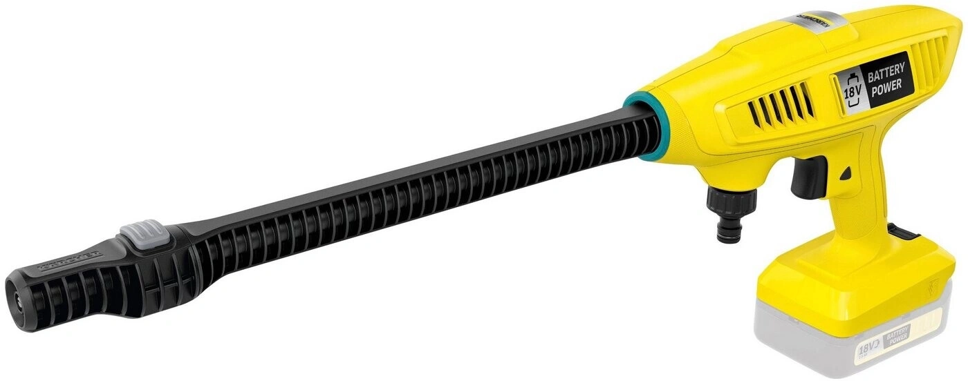 Gelber Hochdruckreiniger mit schwarzem Stab und 18V Batterie. Kärcher-Logo.