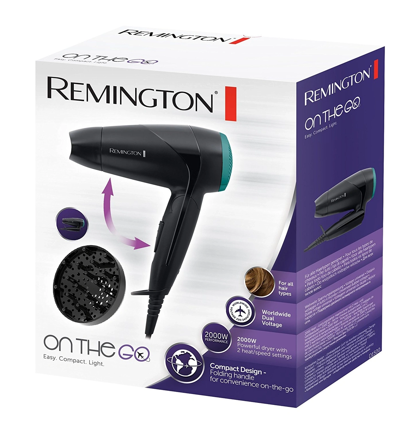 Remington Haartrockner, On The Go, 2000W, faltbarer Griff, für alle Haartypen, weltweit