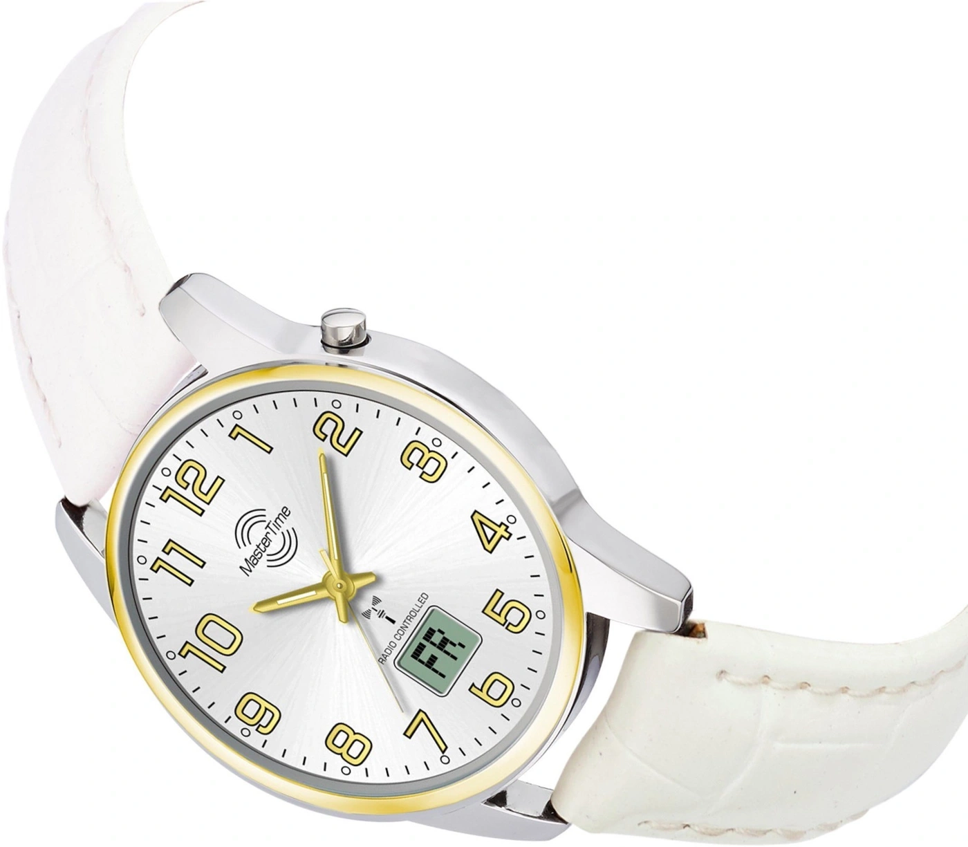 Ein silberner Damenuhr mit weißem Armband und goldenen Ziffern.