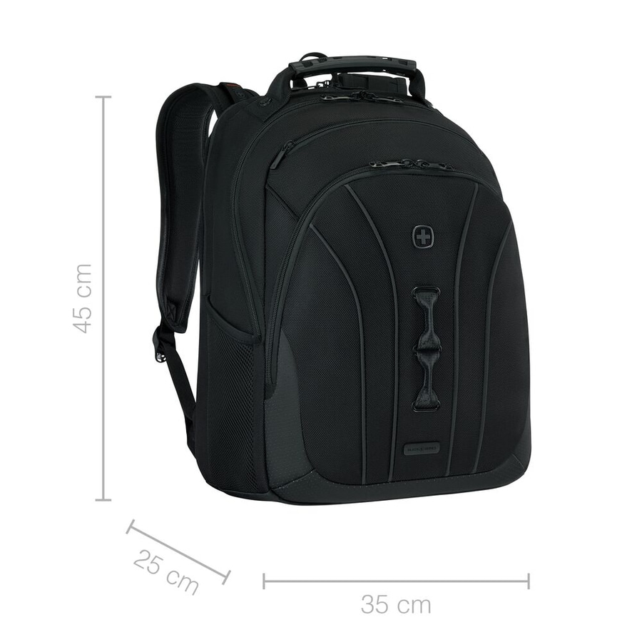 Schwarzer Rucksack mit den Maßen 45 x 25 x 35 cm, ideal für Reisen.