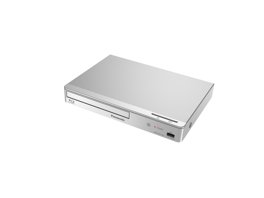 Silberner Panasonic Blu-ray-Player. Mit Power-Taste und USB-Anschluss. Modell DMP-BDT168.