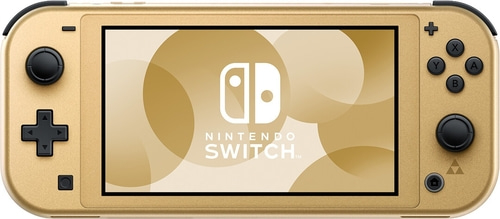 Goldene Nintendo Switch Konsole mit Zelda-Logo und Bildschirm