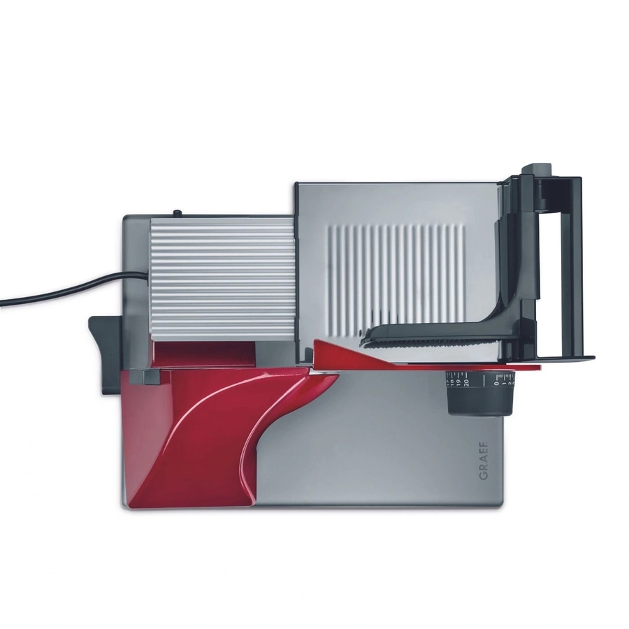 Graef Allesschneider, rot und silber, Detailaufnahme, isoliert auf weißem Hintergrund