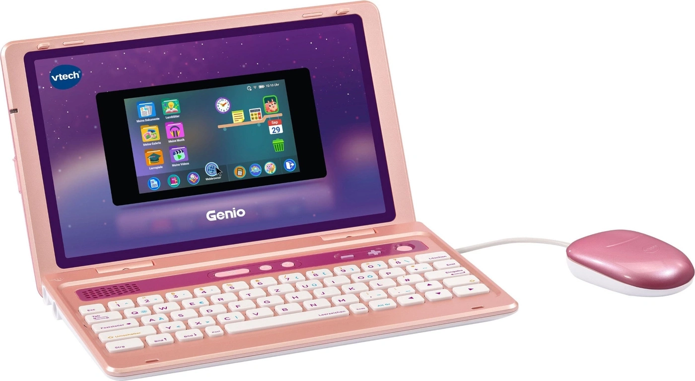 Rosa Laptop mit Maus, Vtech Genio, Bildschirm mit Apps, Tastatur, Kinderlaptop