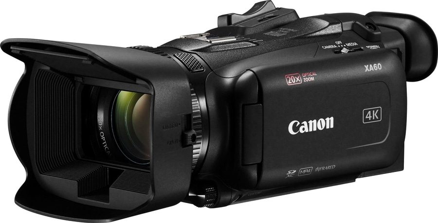 Schwarze Canon XA60 Camcorder mit 20x optischem Zoom, 4K-Aufnahme und Infrarot-Funktion.
