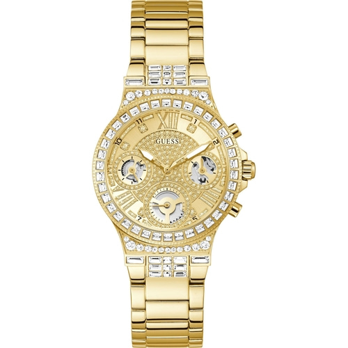 Goldene Guess-Uhr mit Kristallen und römischen Ziffern