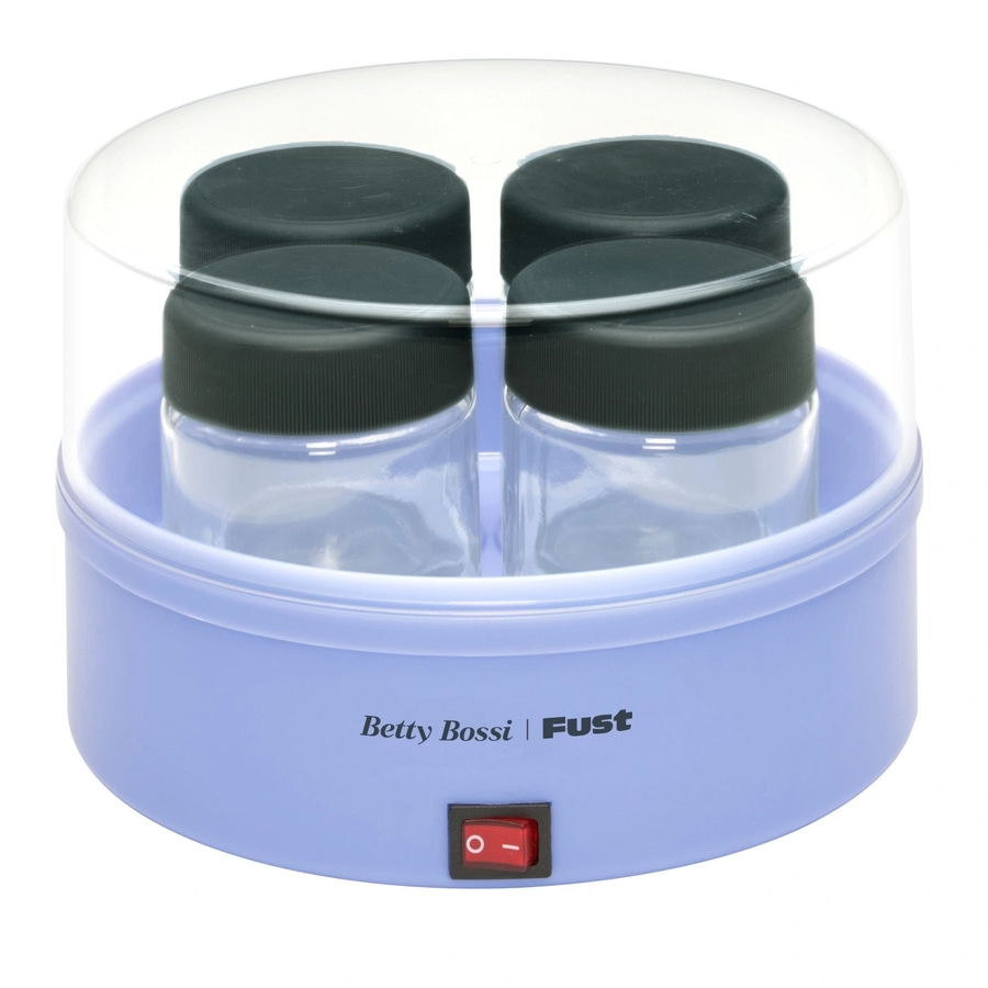 Blaues Gerät mit vier Gläsern, Deckel und Ein-Aus-Schalter. Betty Bossi | Fust.
