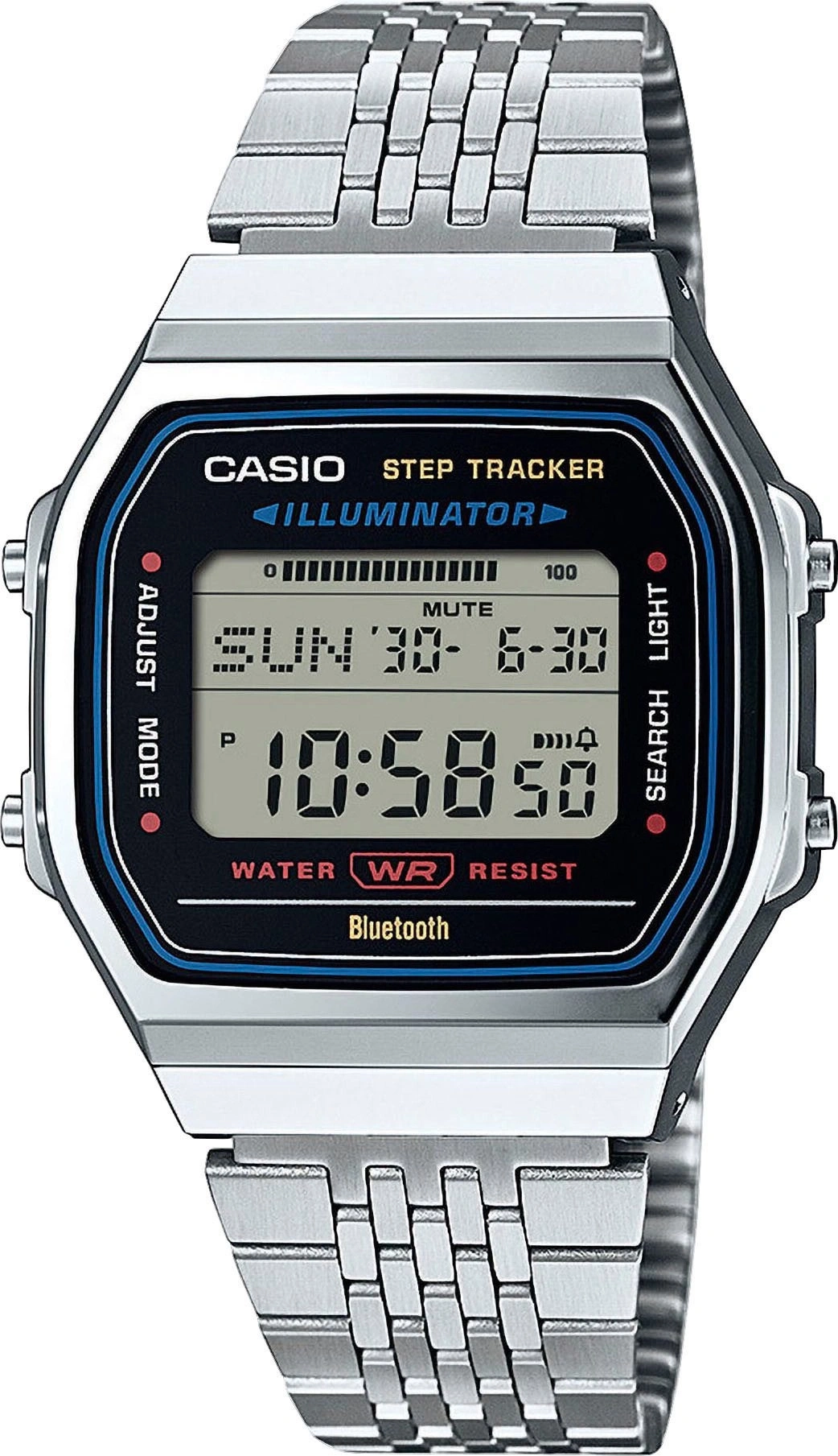 Eine Nahaufnahme einer silbernen Casio Uhr mit digitaler Anzeige, die die Uhrzeit 10:58 anzeigt.