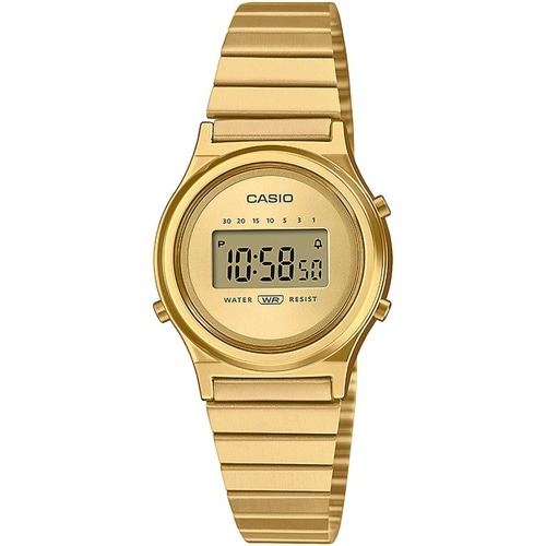 Goldene Casio-Uhr mit digitaler Anzeige, wasserdicht und widerstandsfähig, mit Armband.