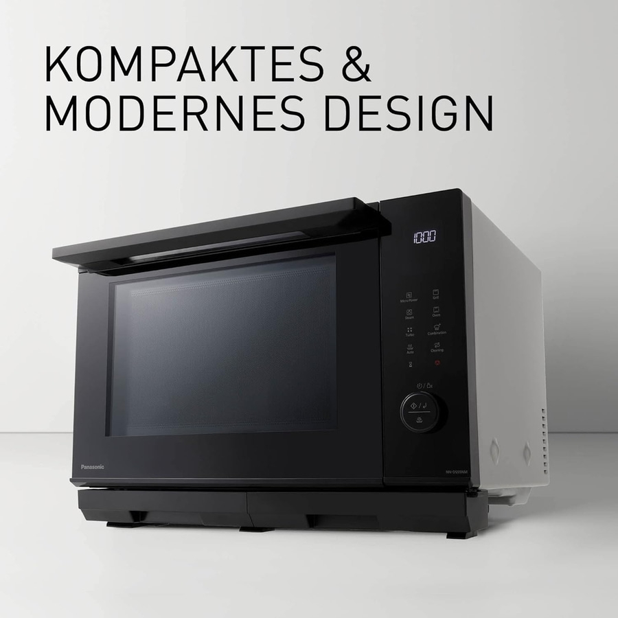 Schwarze Mikrowelle mit modernem Design und Bedienfeld. Panasonic-Logo und Modellnummer.